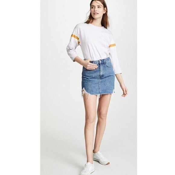 3x1 NYC Celine Denim Mini Skirt 0 Distressed Italian A-Line Gloss Blue Spring - Picture 8 of 13